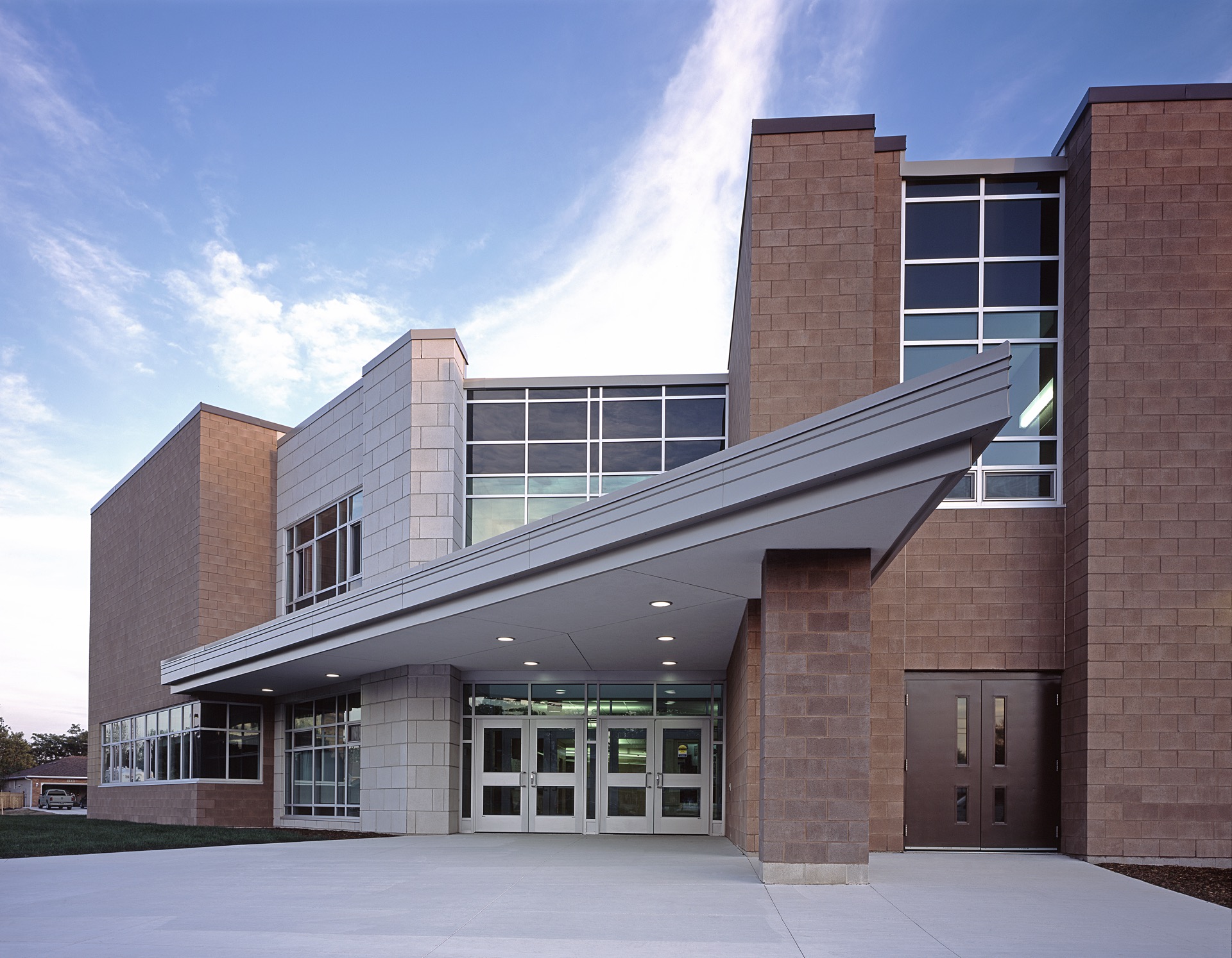 Exterior of Essex Public School with blue skies