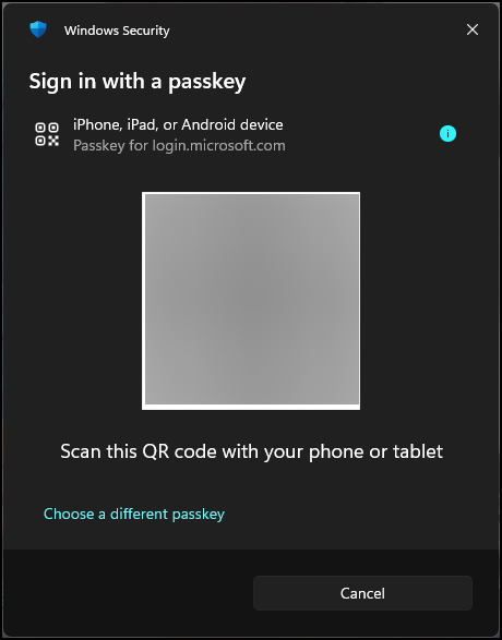 QR code will appear under "Sign in with a passkey." QR code will appear under "Sign in with a passkey."