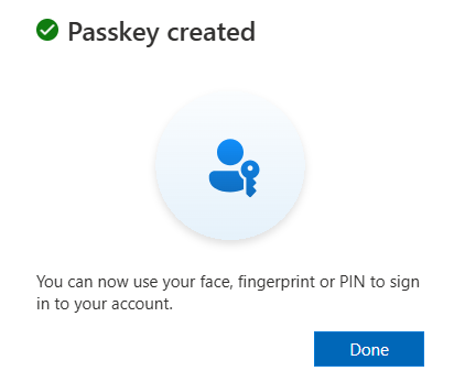 Passkey created confirmation screen Passkey created confirmation screen