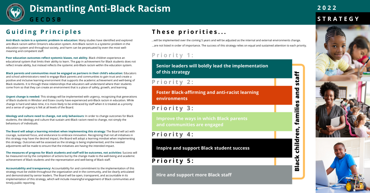 This visual provides an overview of the Dismantling Anti-Black Racism Strategy's Guiding Principles and Priorities