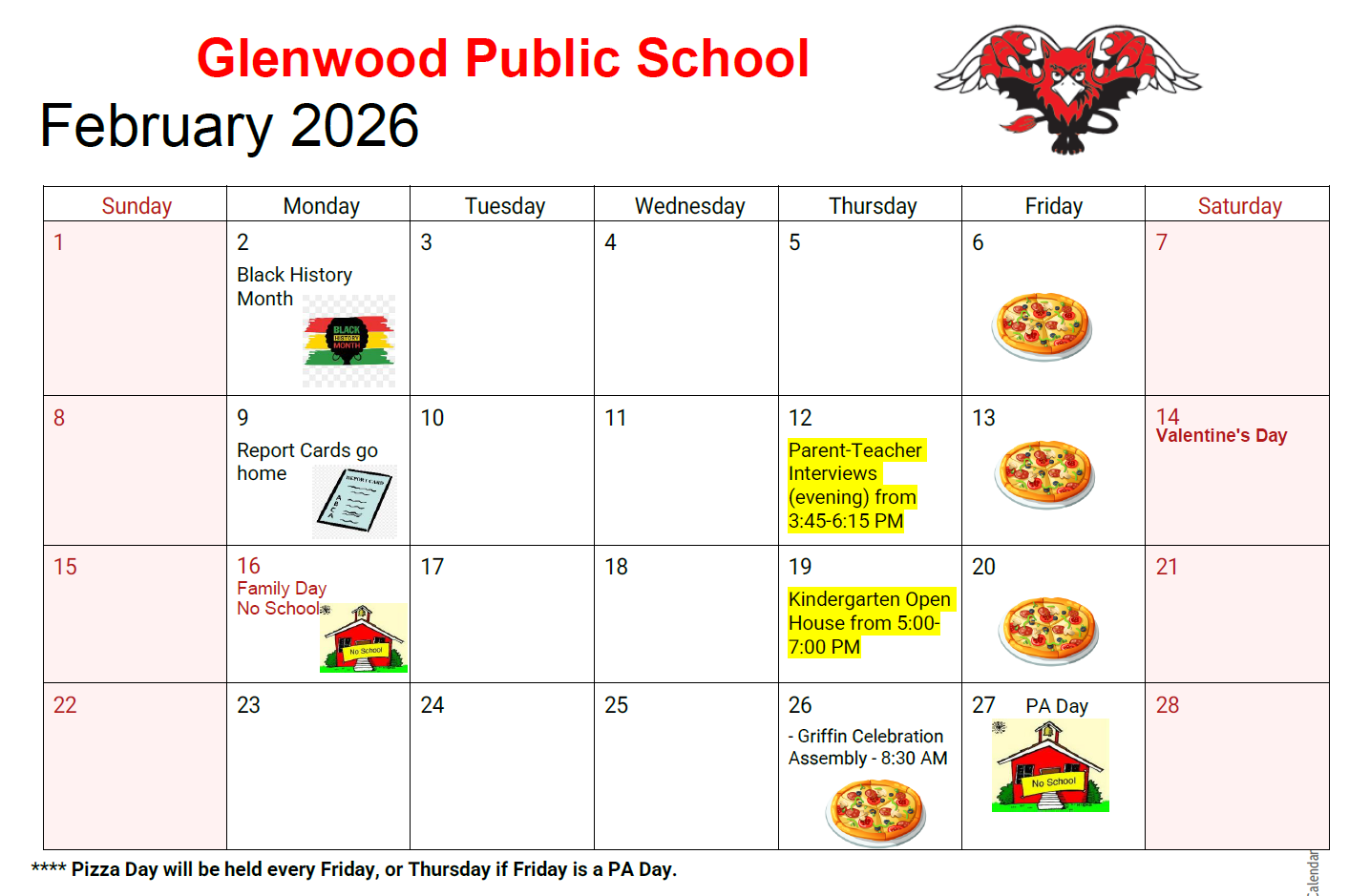Glenwood February Calendar