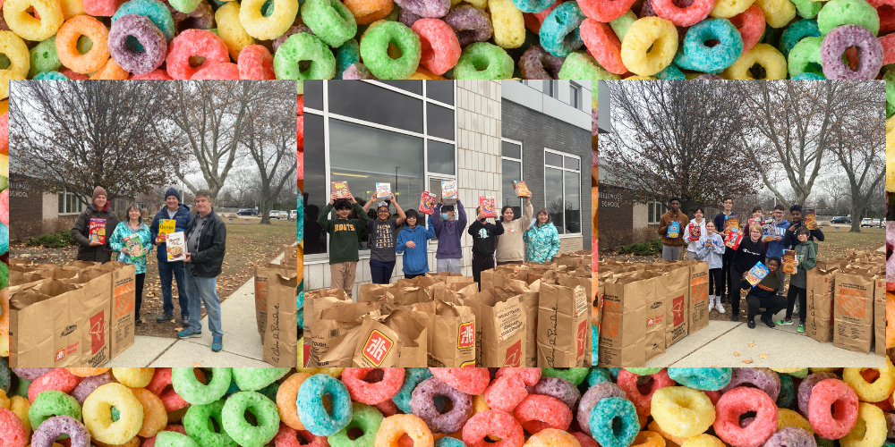 Pictures of students and volunteers at the 2022 Cereal Box Challenge