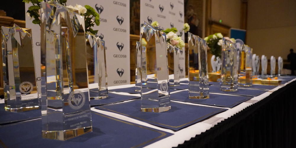 Outstanding Service Award trophies on a table