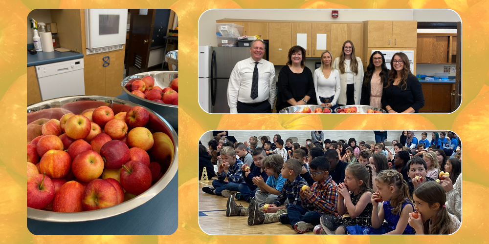 Photo of apples, OSNP, staff and students at the Great Big Crunch