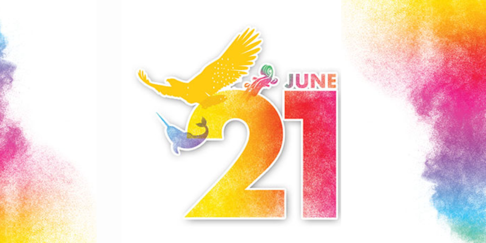 June 21st with colourful accents on a white background