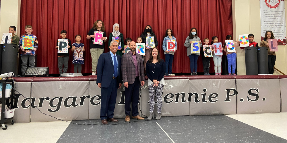 Todd Awender, Chris Konrad and Erin Kelly with students at MD Bennie PS