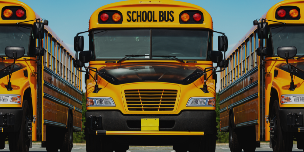 Three school buses lined up next to one another