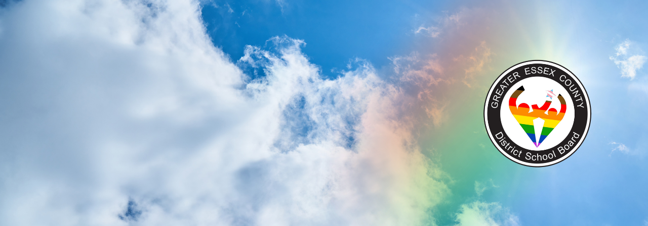 Blue sky with clouds, a rainbow and the GECDSB Inclusivity logo.