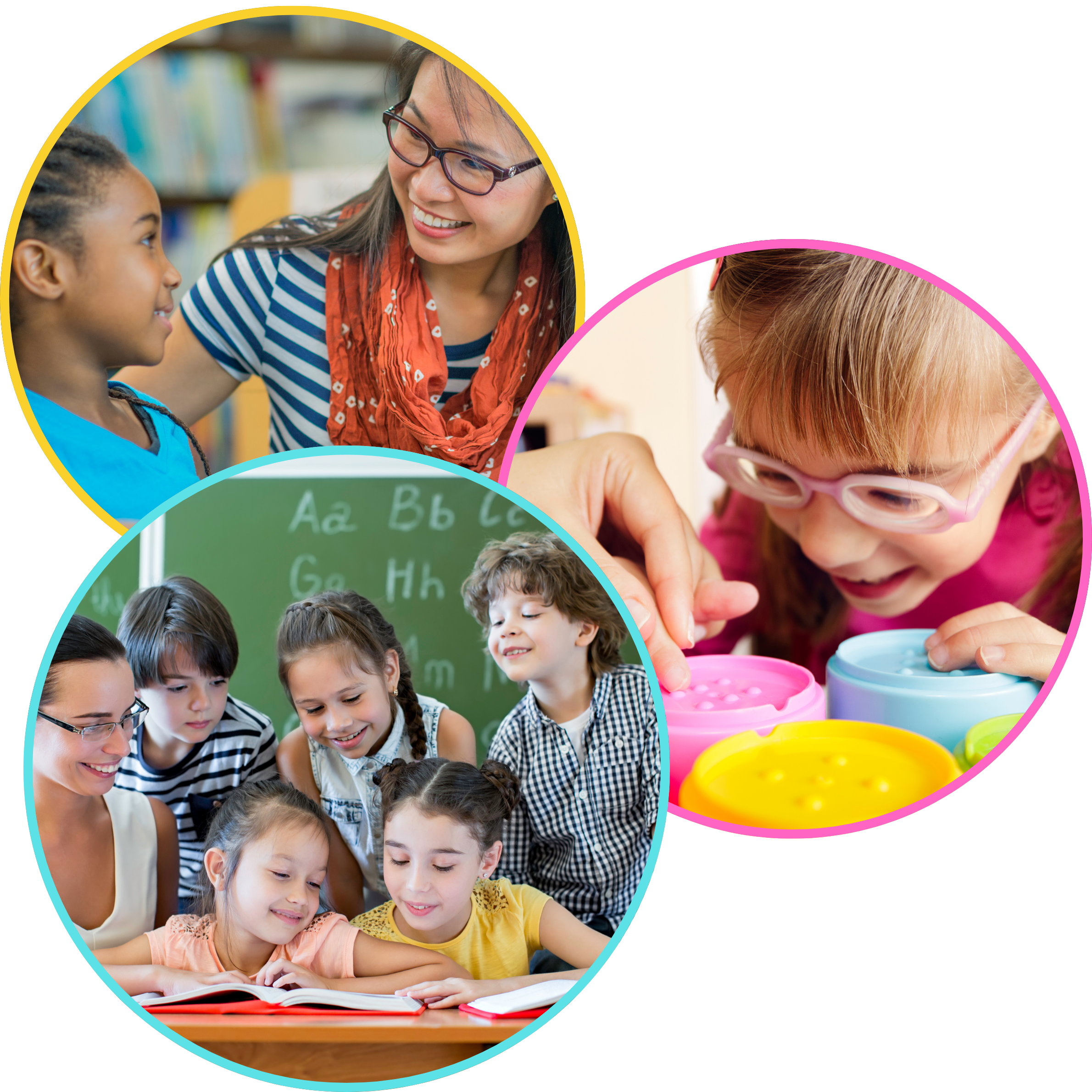 Students learning with teachers in colourful bubbles