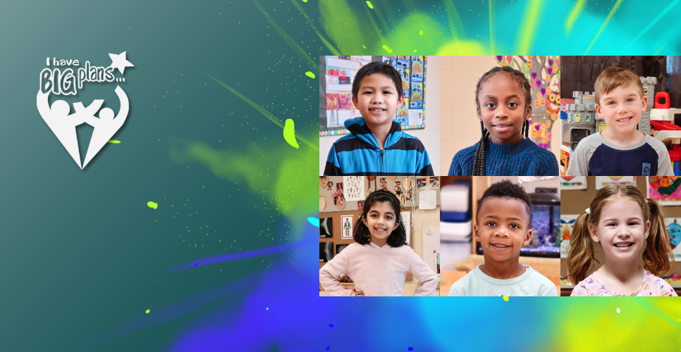 Teal background with Board logo and three student photos