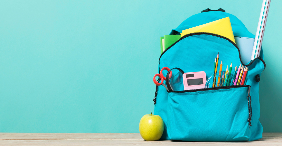 Blue background with a backpack