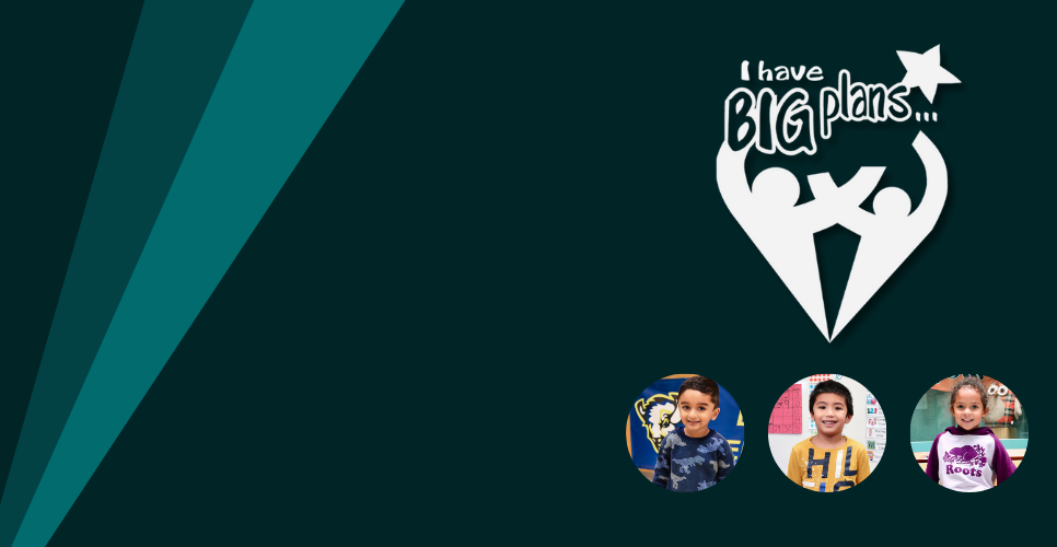 Teal background with Board logo and three student photos
