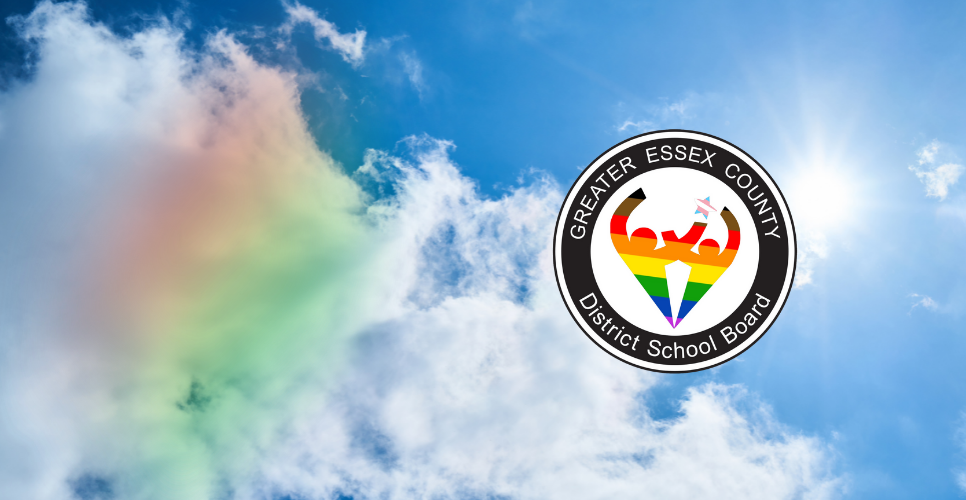 Blue sky with a rainbow, clouds and GECDSB inclusivity logo