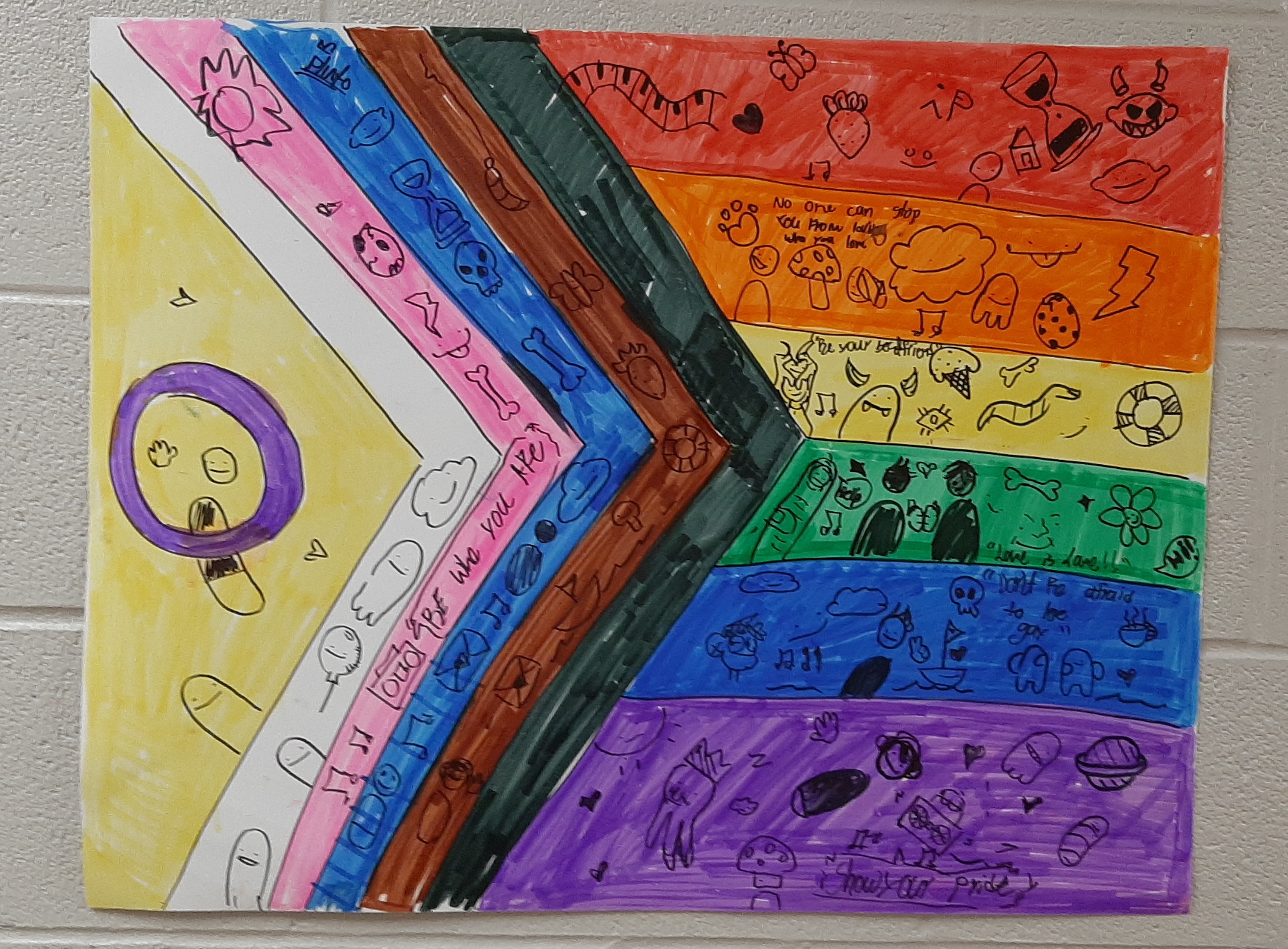 Student Created Poster with hand-drawn doodles on a pride flag