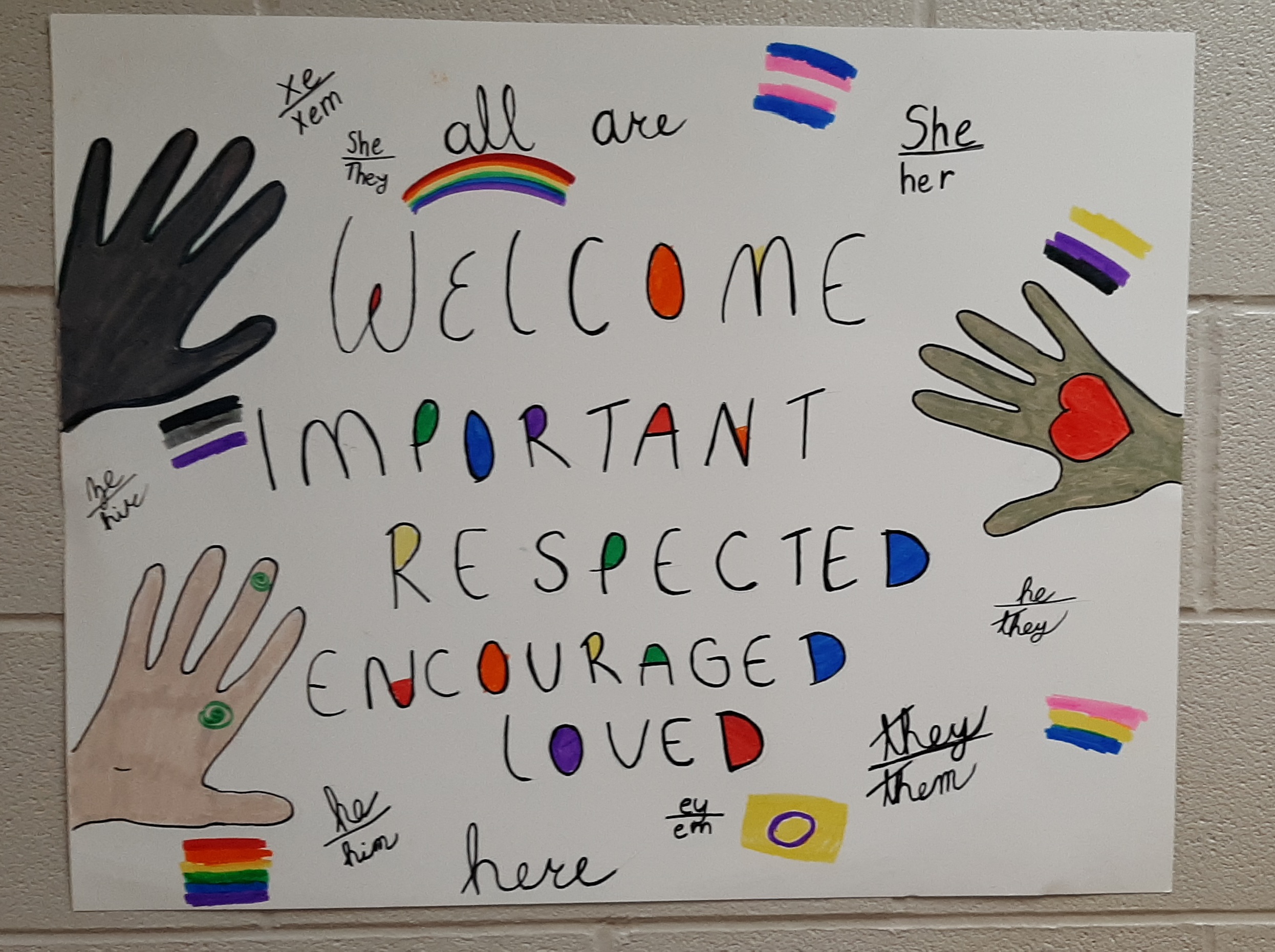 Student created poster with inclusive messages for Pride month